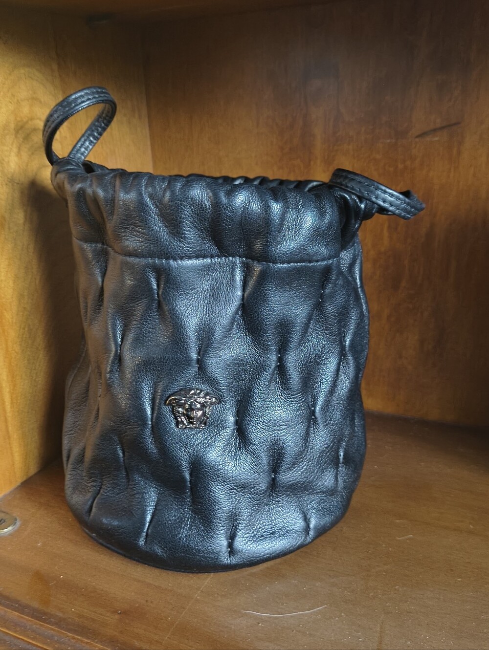 Vintage Gianni Versace Black Quilted Leather Medusa Drawstring Bucket Bag Pouch
